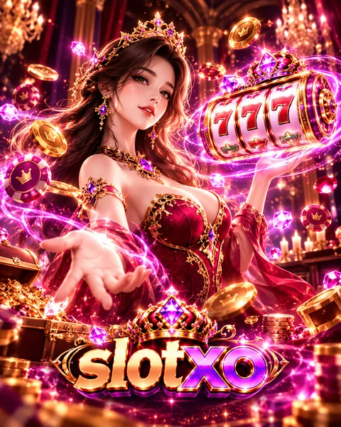 ราชินีแห่ง slotxo ถือวงล้อสล็อต 777 ท่ามกลางเหรียญทองและอัญมณีสีม่วง